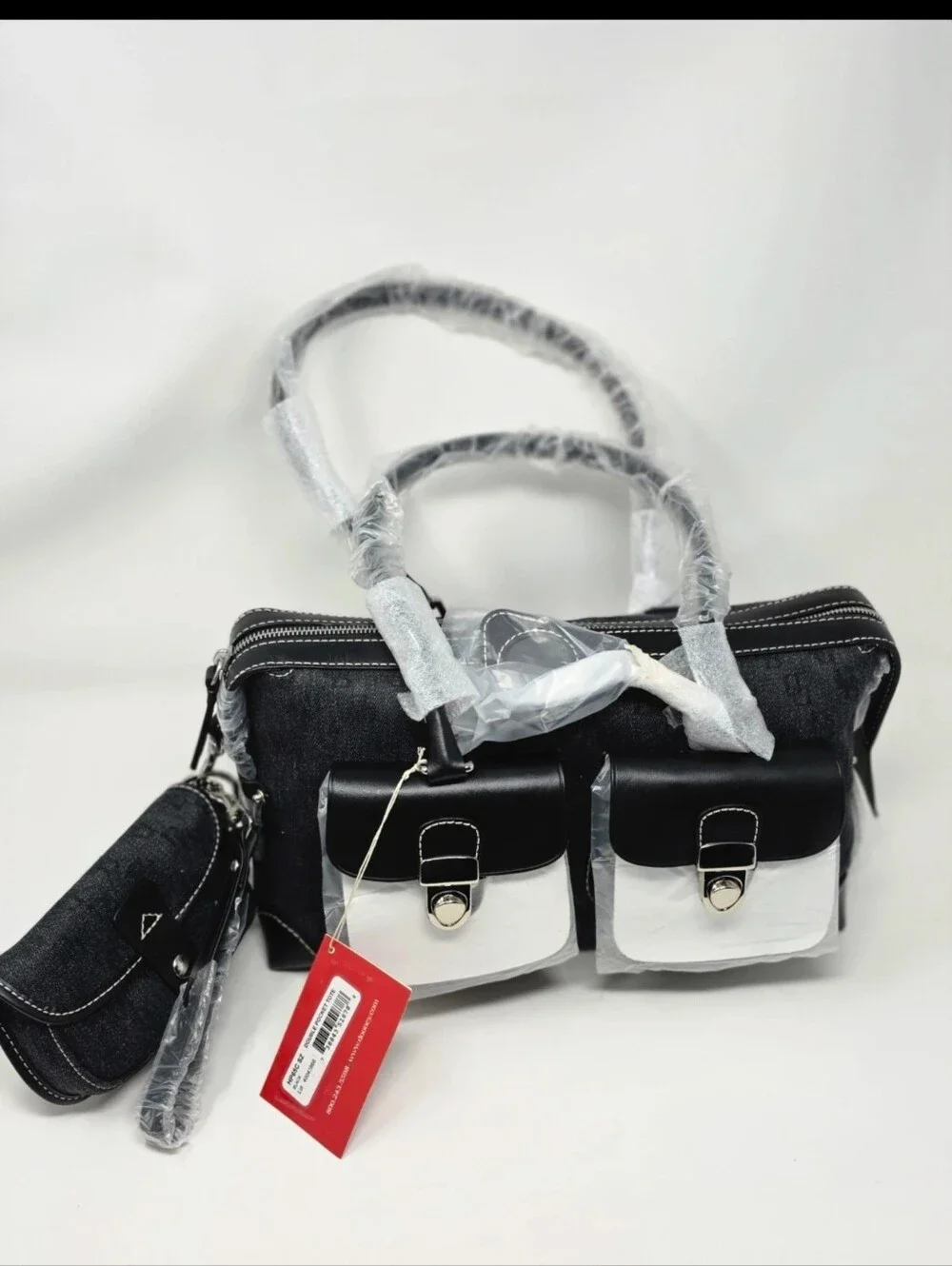 NWT Y2K Dooney & Bourke Black Denim Leather Double Pocket Tote Bag SZ Wristlet